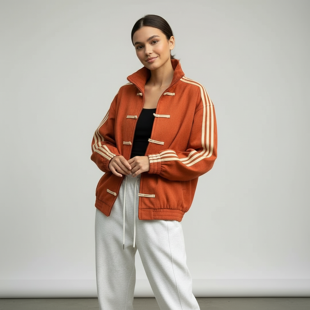 Retro Track Jacket with Button Loops & Contrast Stripes – Velour Look Zip Jacket