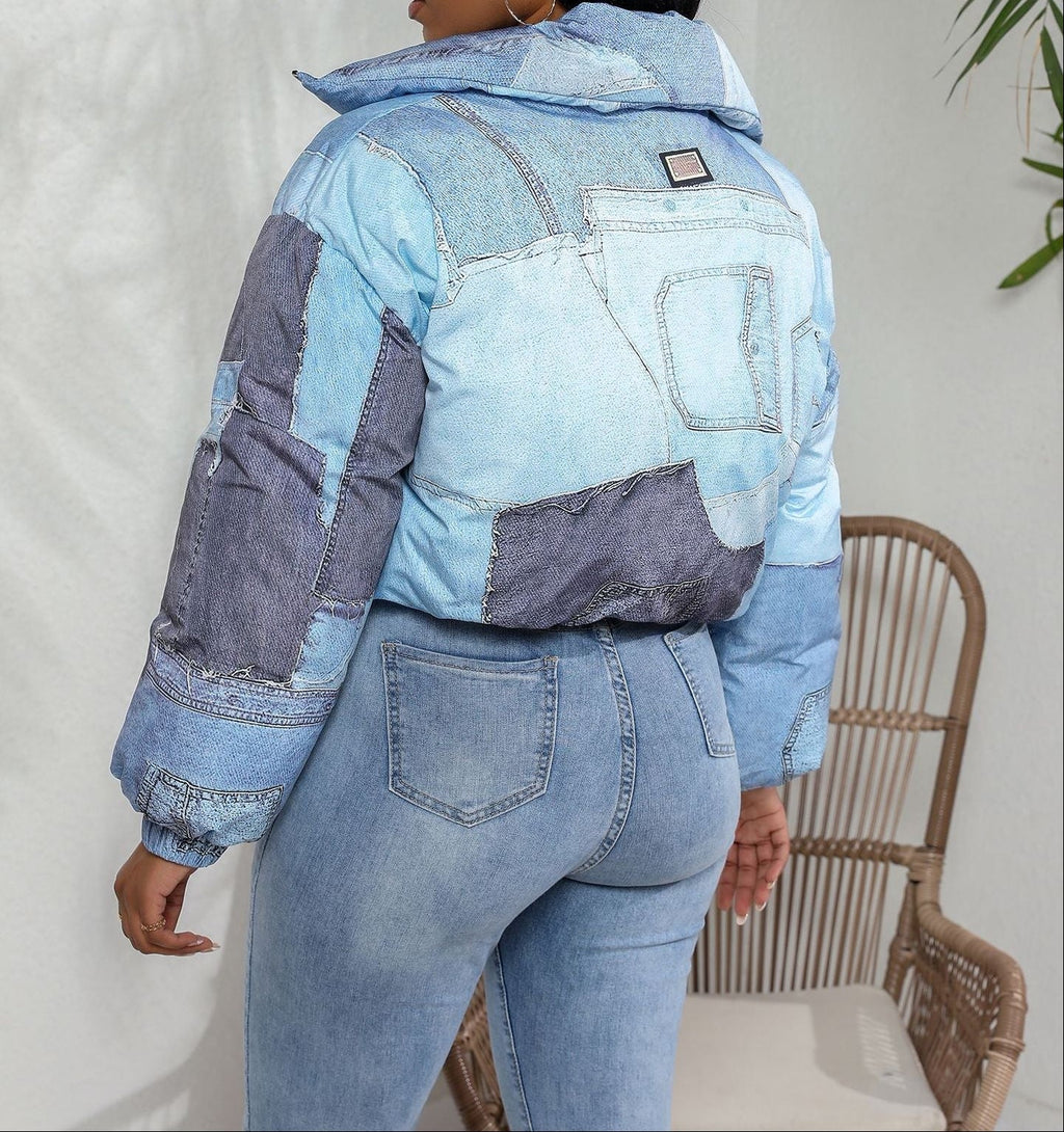 Women's Cropped Padded Puffer Jacket with Denim Patchwork Design and High