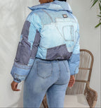Women's Cropped Padded Puffer Jacket with Denim Patchwork Design and High