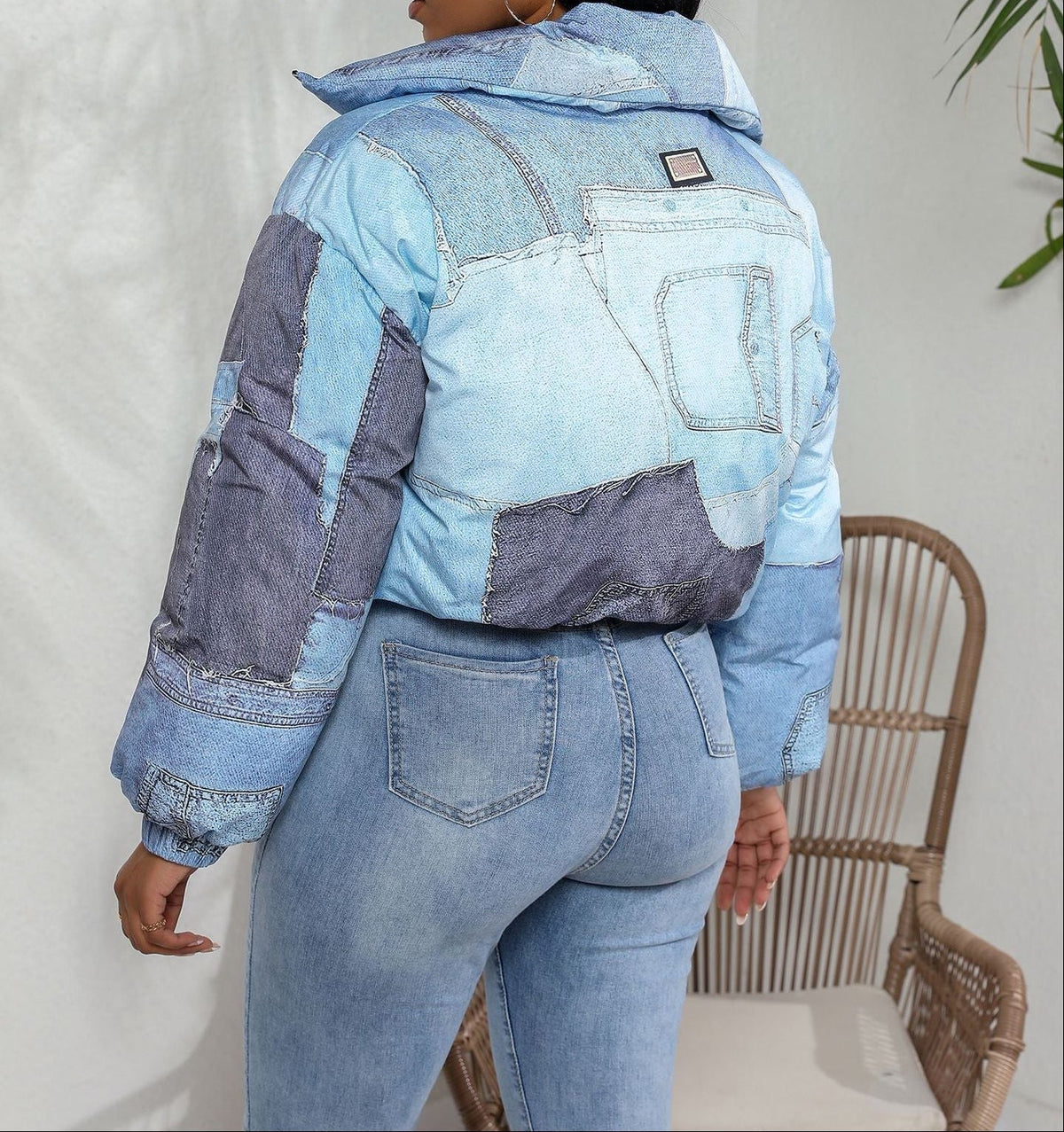 Women's Cropped Padded Puffer Jacket with Denim Patchwork Design and High
