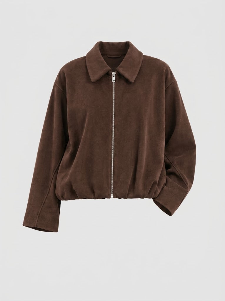 Women's Velvet Zip-Up Bomber Jacket – Relaxed Collared Style