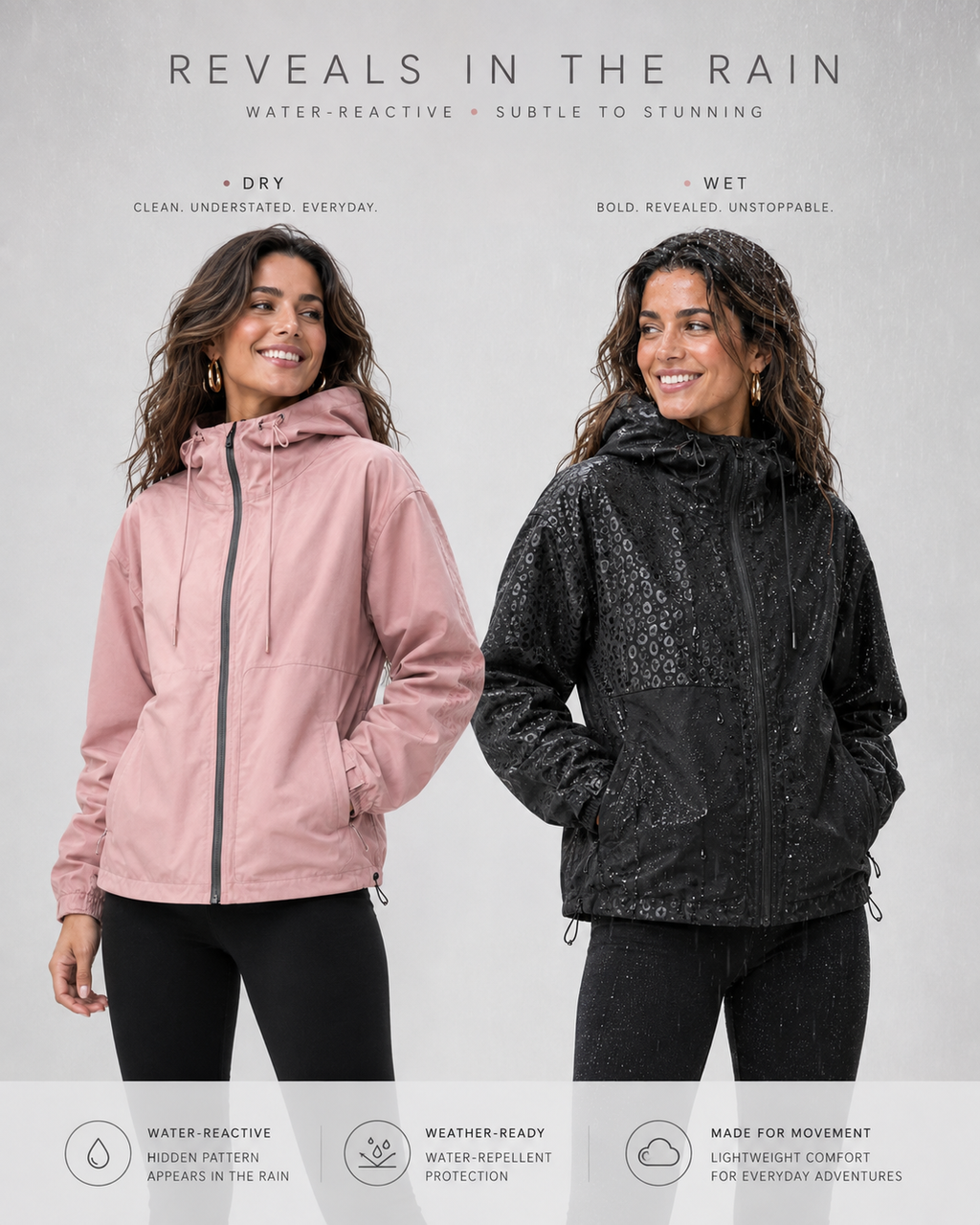 Women's Hooded Rain Jacket with Hidden Leopard Print – Water-Repellent