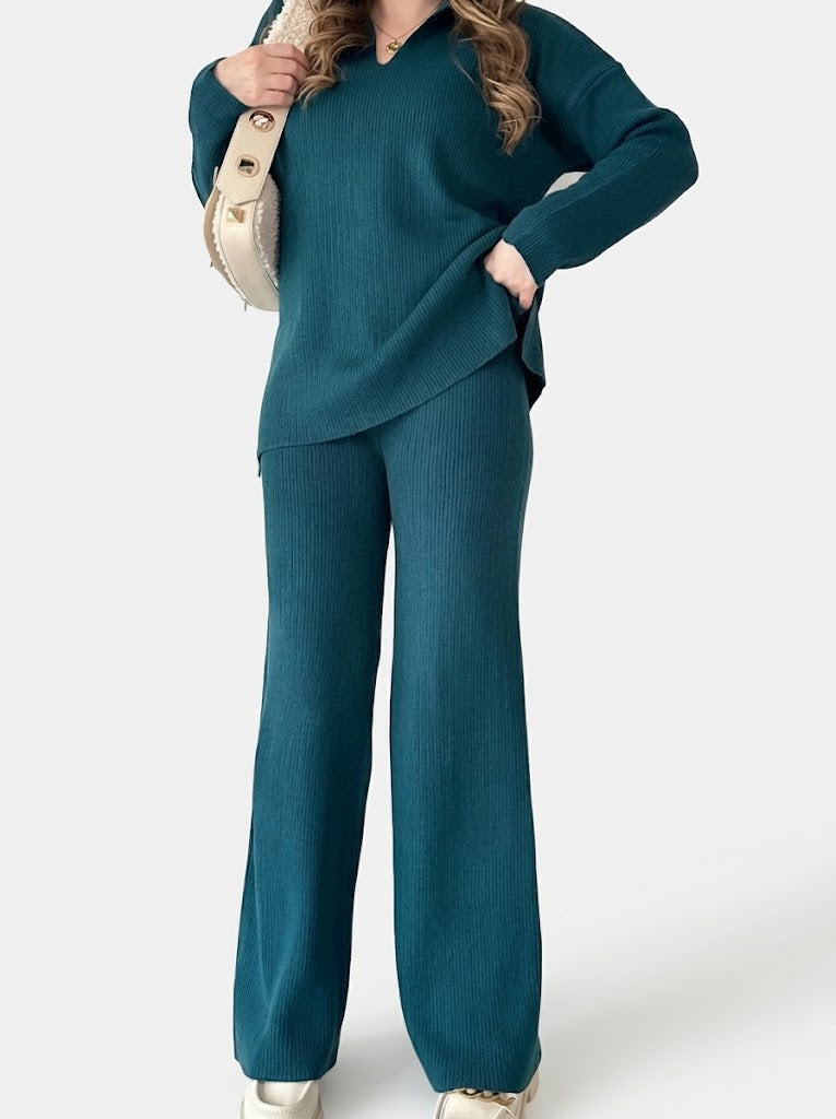 Women's Ribbed Knit Co-Ord Set – Relaxed V-Neck Tunic Top