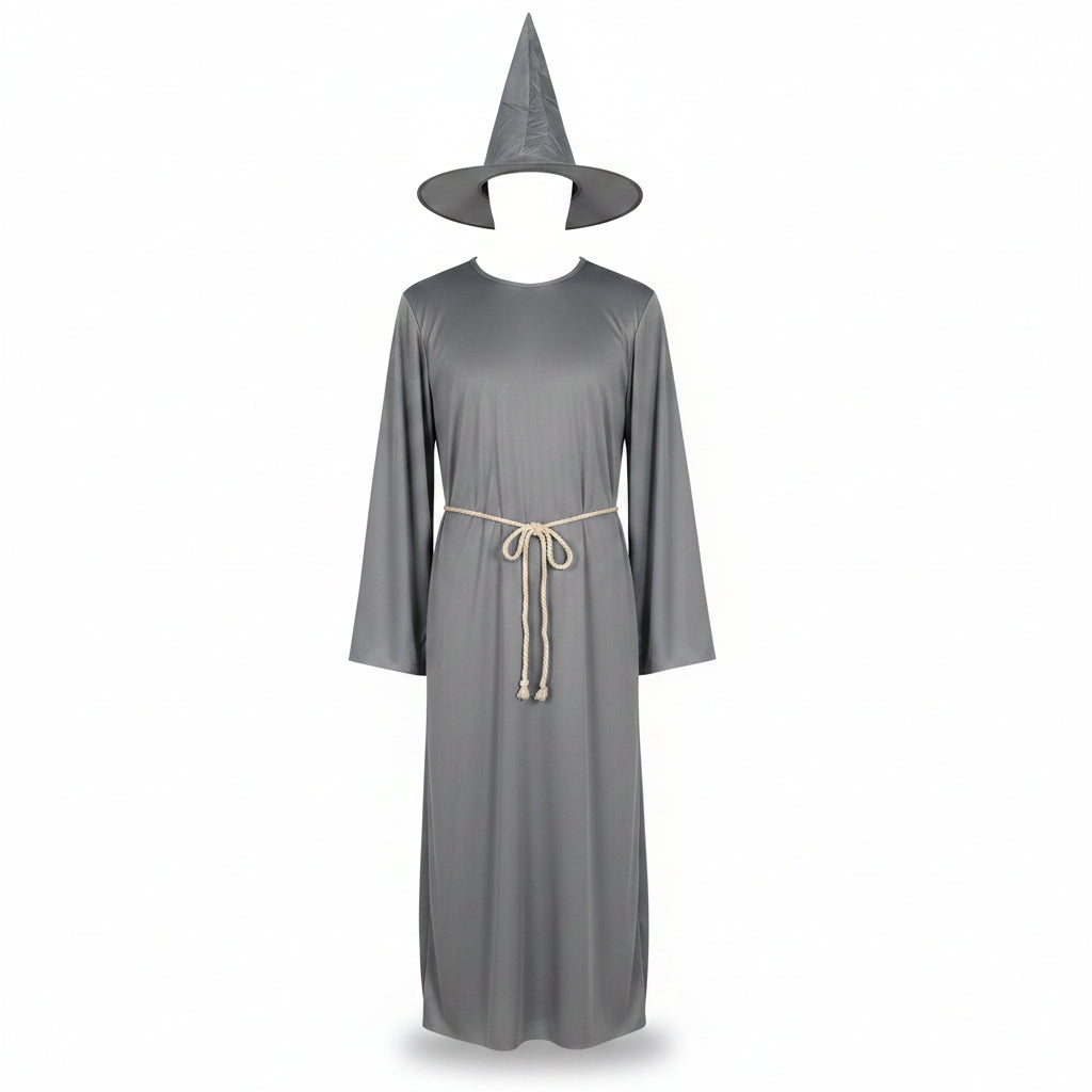 Men's Wizard Costume with Long Robe, Flared Sleeves, Pointed Hat and Cord Belt