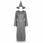 Men's Wizard Costume with Long Robe, Flared Sleeves, Pointed Hat and Cord Belt