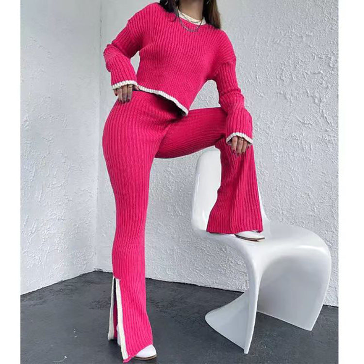 Women's Cropped Ribbed Knit Jumper and Flared Trousers Set