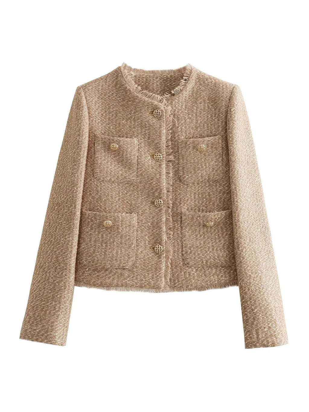 Two Piece Jacket Set with Buttons & Pockets in Beige
