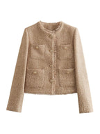 Two Piece Jacket Set with Buttons & Pockets in Beige