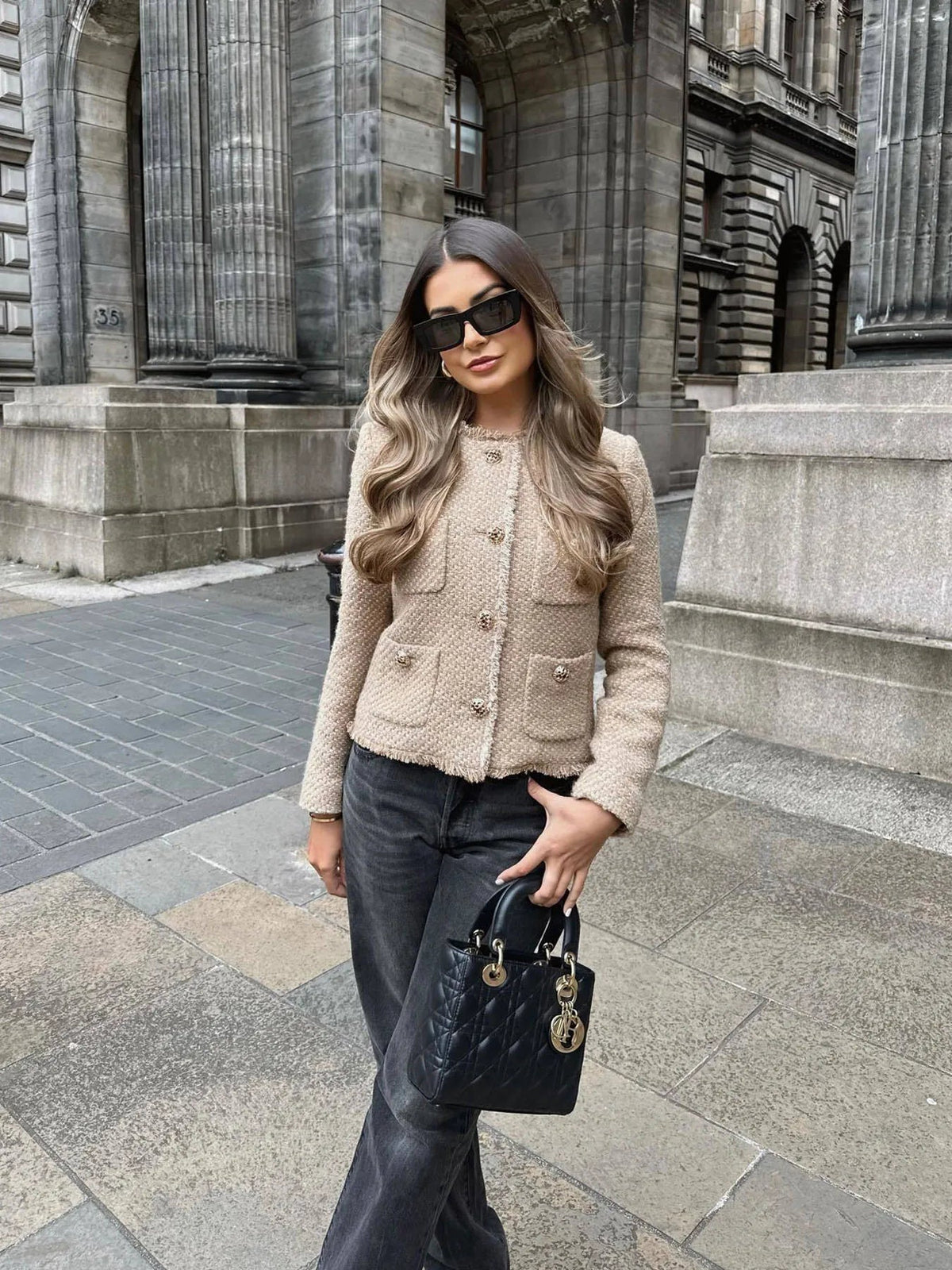 Two Piece Jacket Set with Buttons & Pockets in Beige