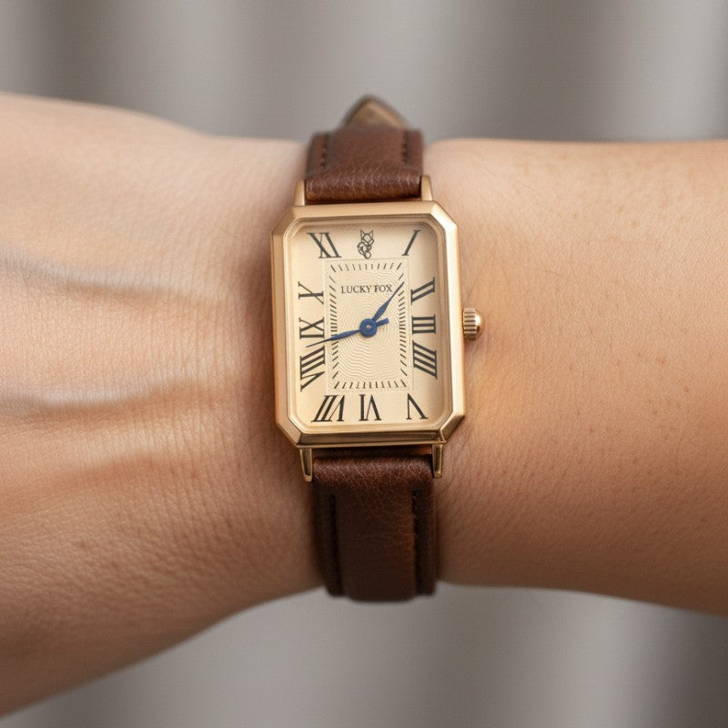 Women's Gold Square Watch with Leather Strap – Elegant Quartz Dress Watch