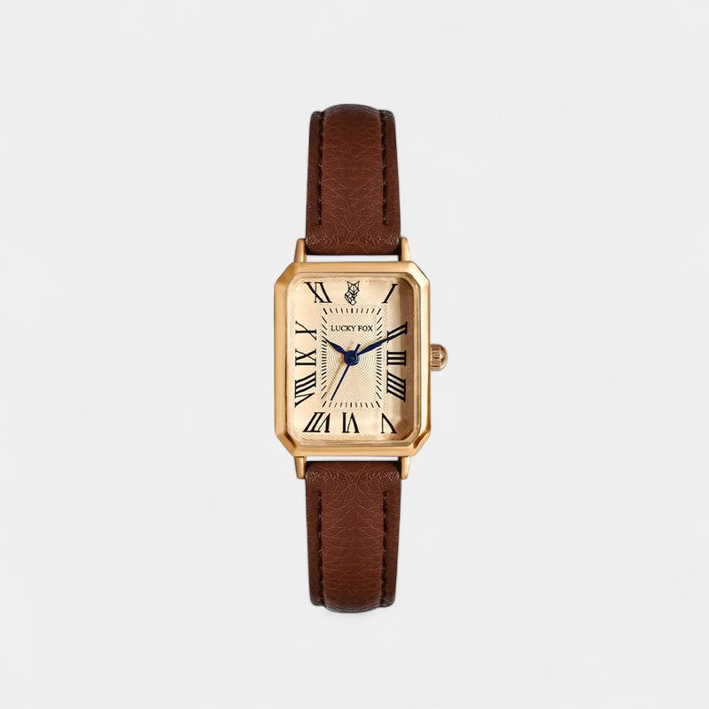 Women's Gold Square Watch with Leather Strap – Elegant Quartz Dress Watch