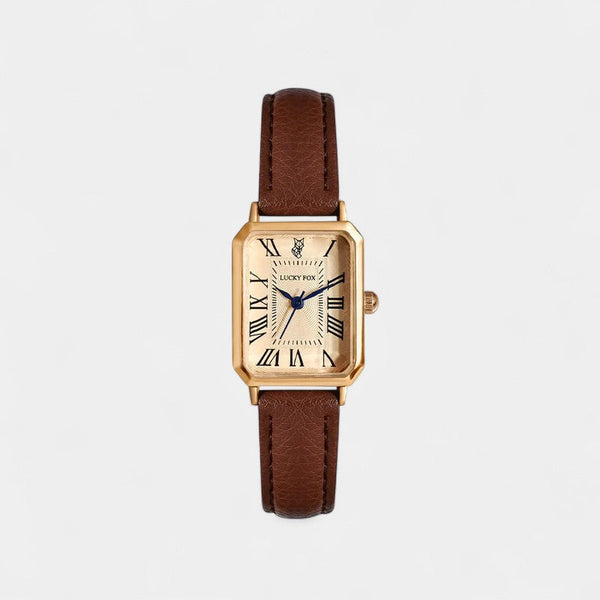 Women's Gold Square Watch with Leather Strap – Elegant Quartz Dress Watch