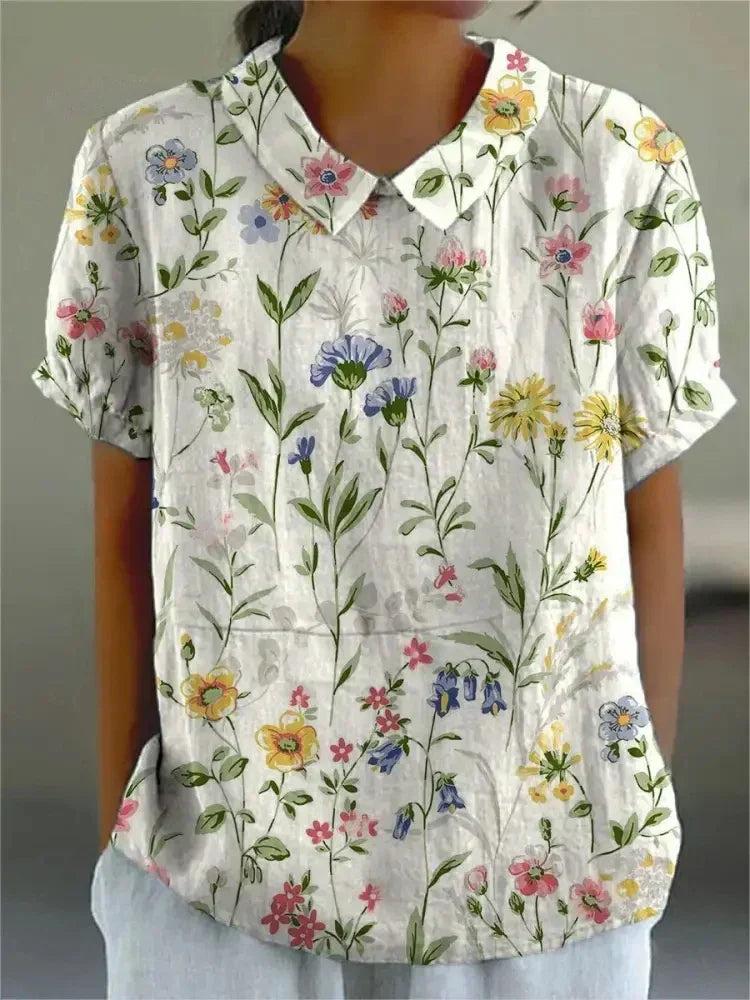 Floral Embroidered Linen Collared Blouse