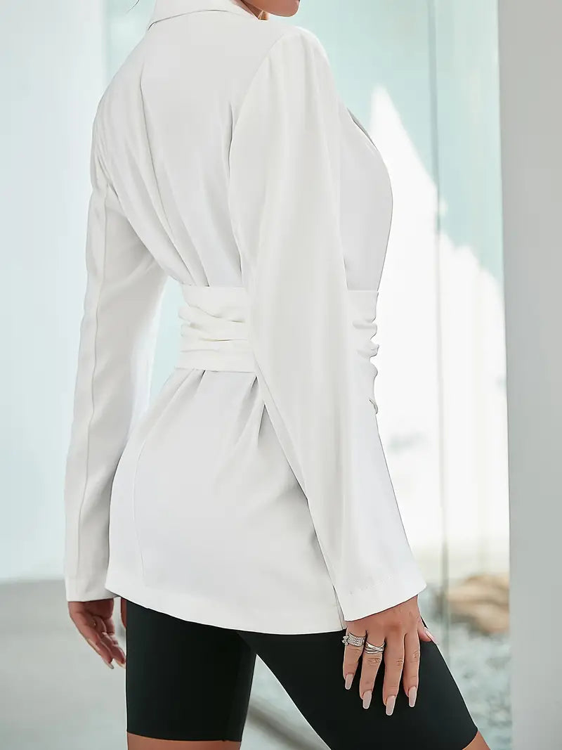Women's Asymmetric Wrap Blazer with Buttoned Corset-Style Waist