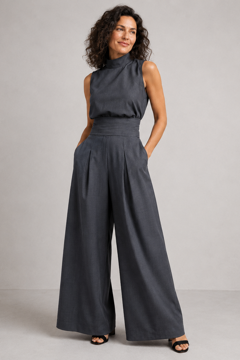Olive Green Linen-Look Wide Leg Jumpsuit – Women's High Neck Summer Jumpsuit