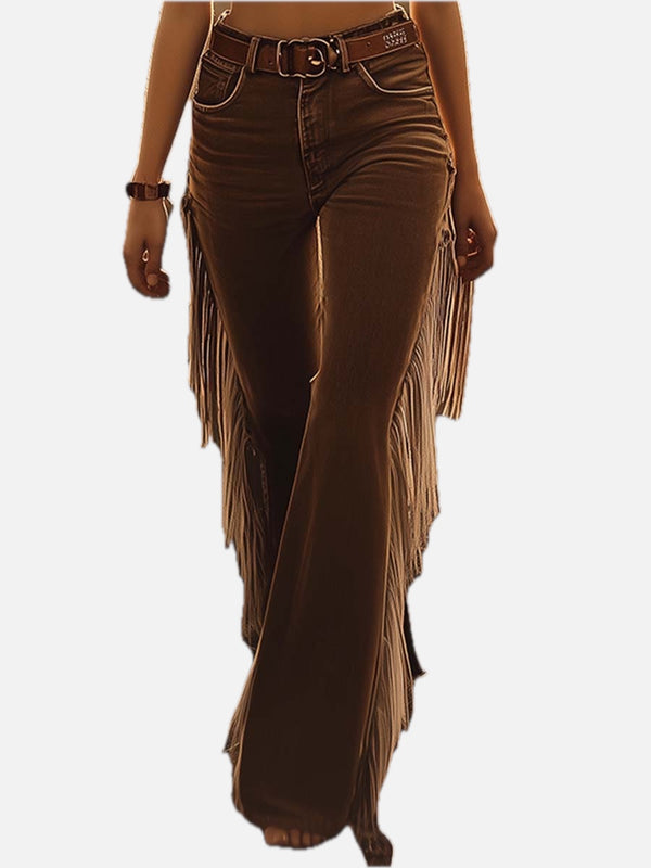 Women's High Waist Side Fringe Western Flare Jeans