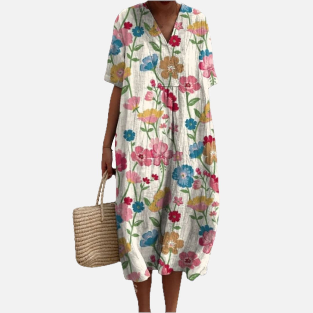 Women's Floral V Neck Oversized Casual Midi Dress