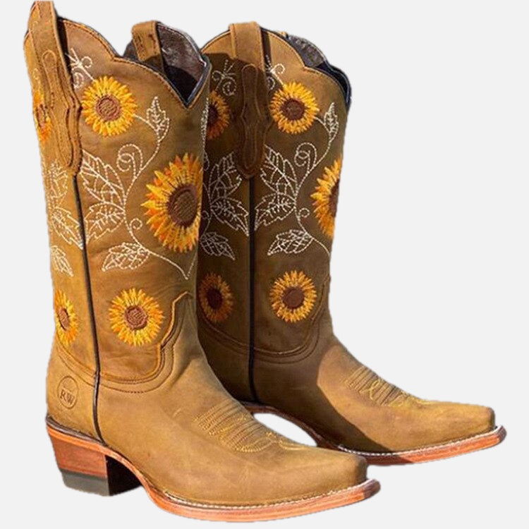 Women's Sunflower Embroidered Scallop Top Pointed Toe Western Boot