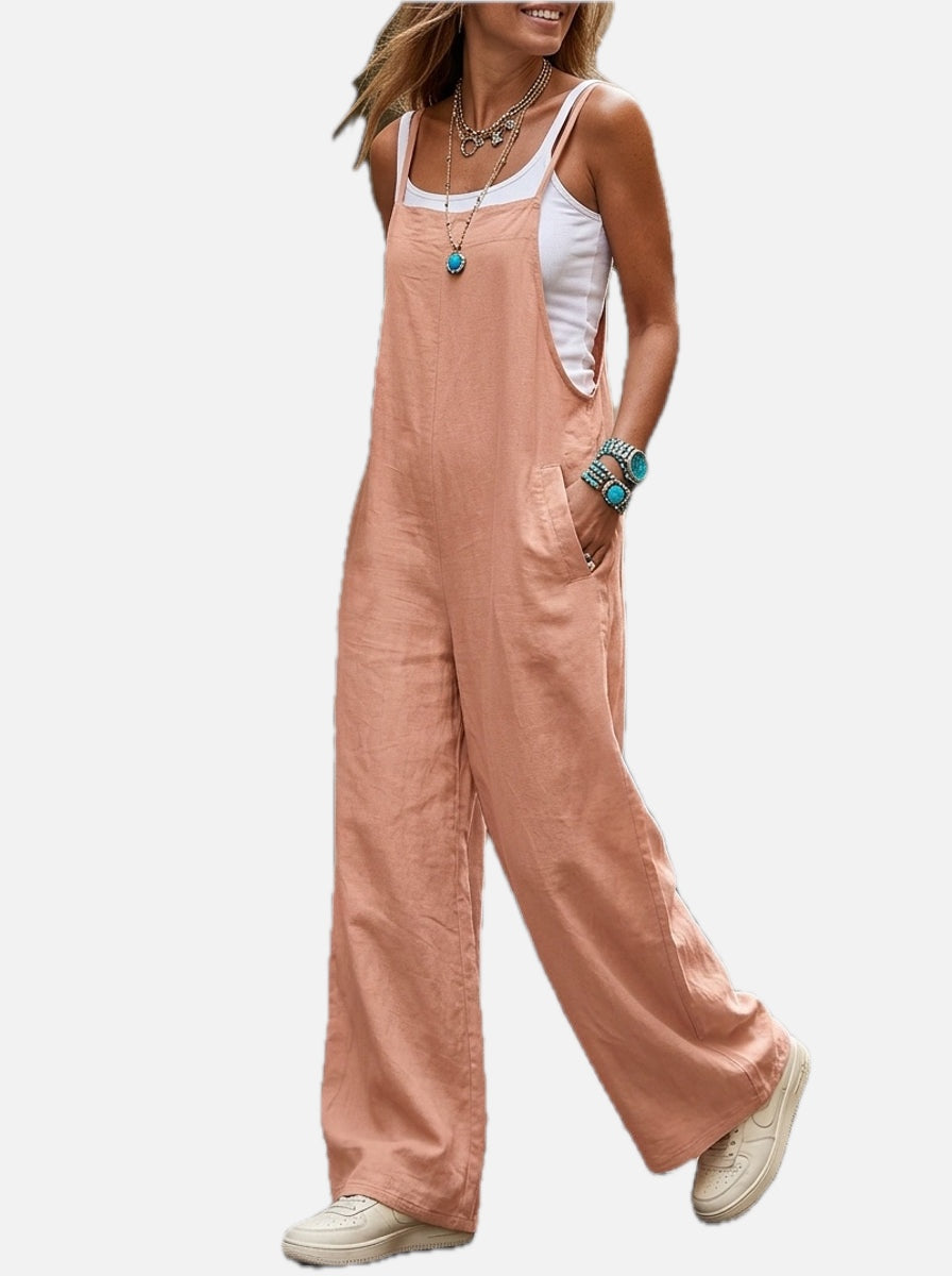 Women's Wide Leg Linen Sleeveless Dungaree Casual Jumpsuit