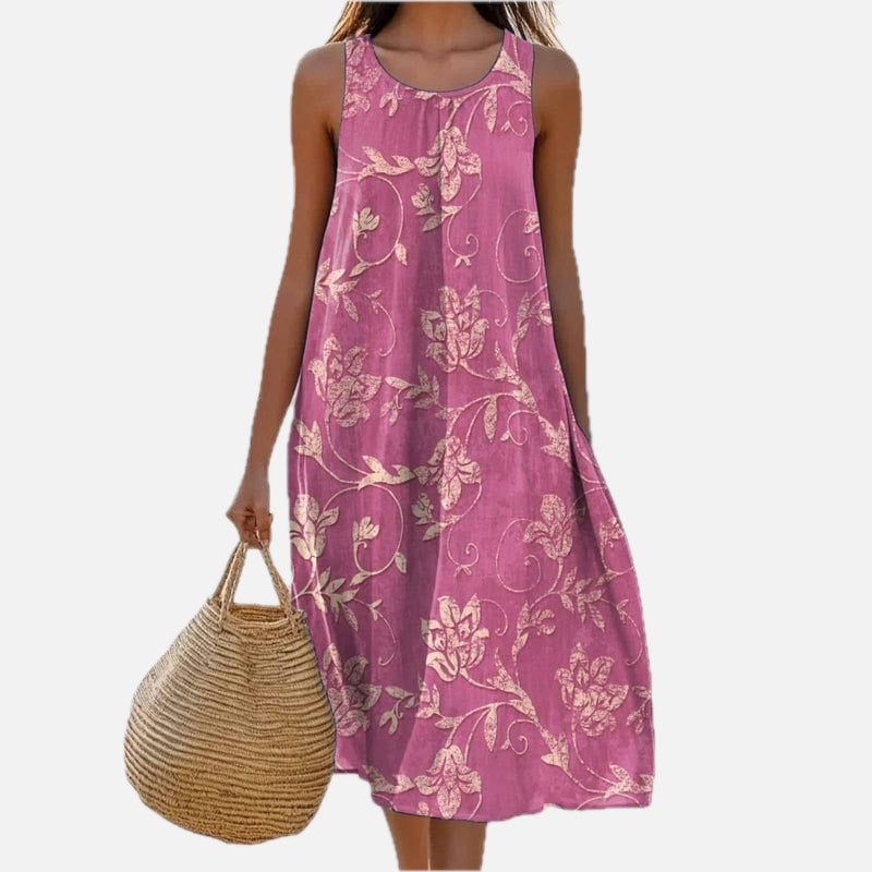 Women's Floral Cotton Scoop Neck Sleeveless Oversized Casual Midi Dress