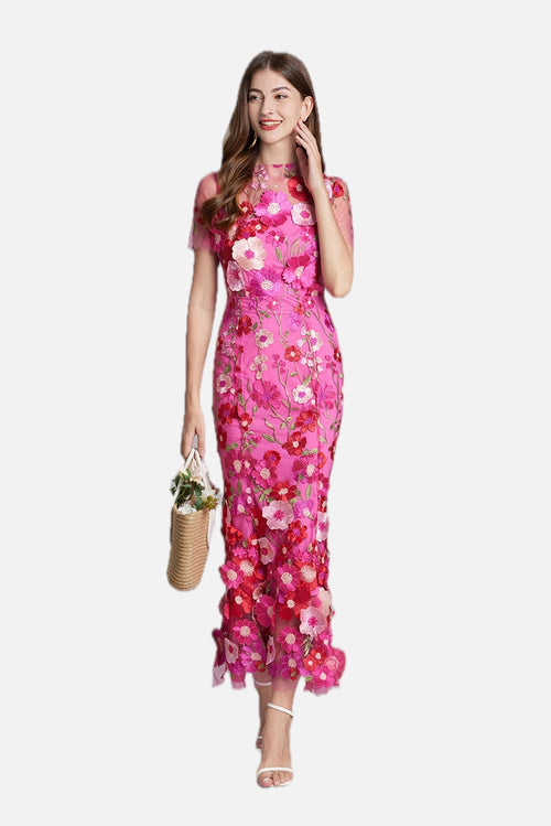 3D Floral Appliqué Wedding Guest Midi Dress – Women's Wedding Guest Midi Dress