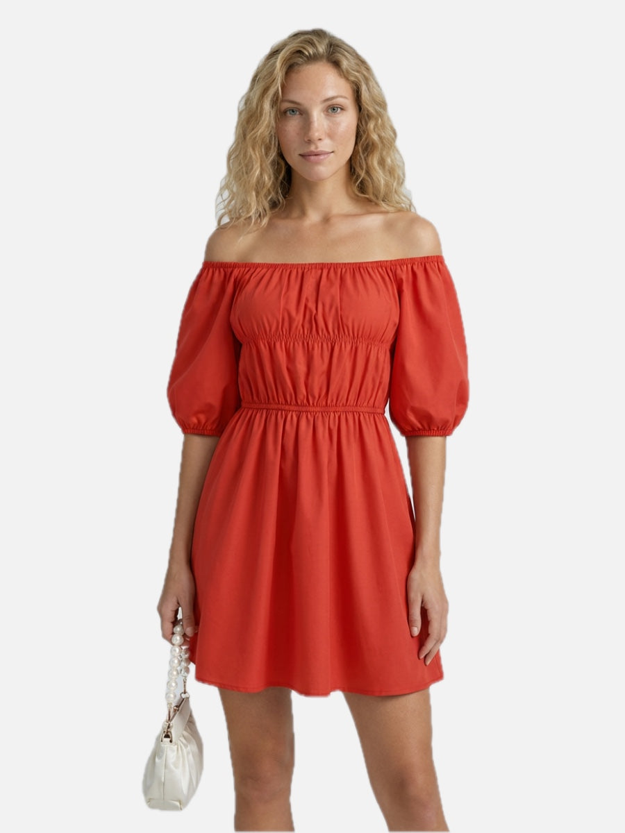 Off-Shoulder Mini Dress with Puff Sleeves – Women's Party Mini Dress