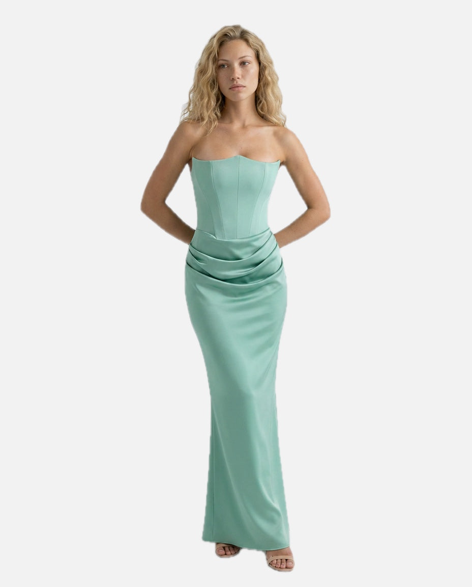 Strapless Corset Maxi Dress with Draped Skirt – Women's Evening Maxi Dress