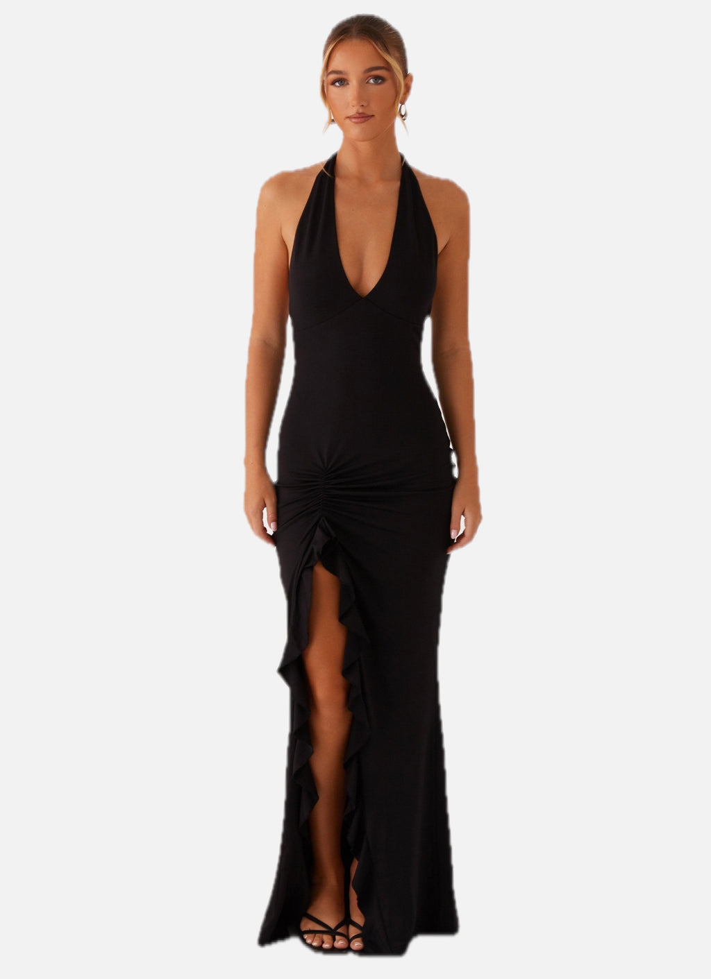 V Neck Ruffles High Thigh Slit Maxi Dress – Women's Evening Maxi Dress
