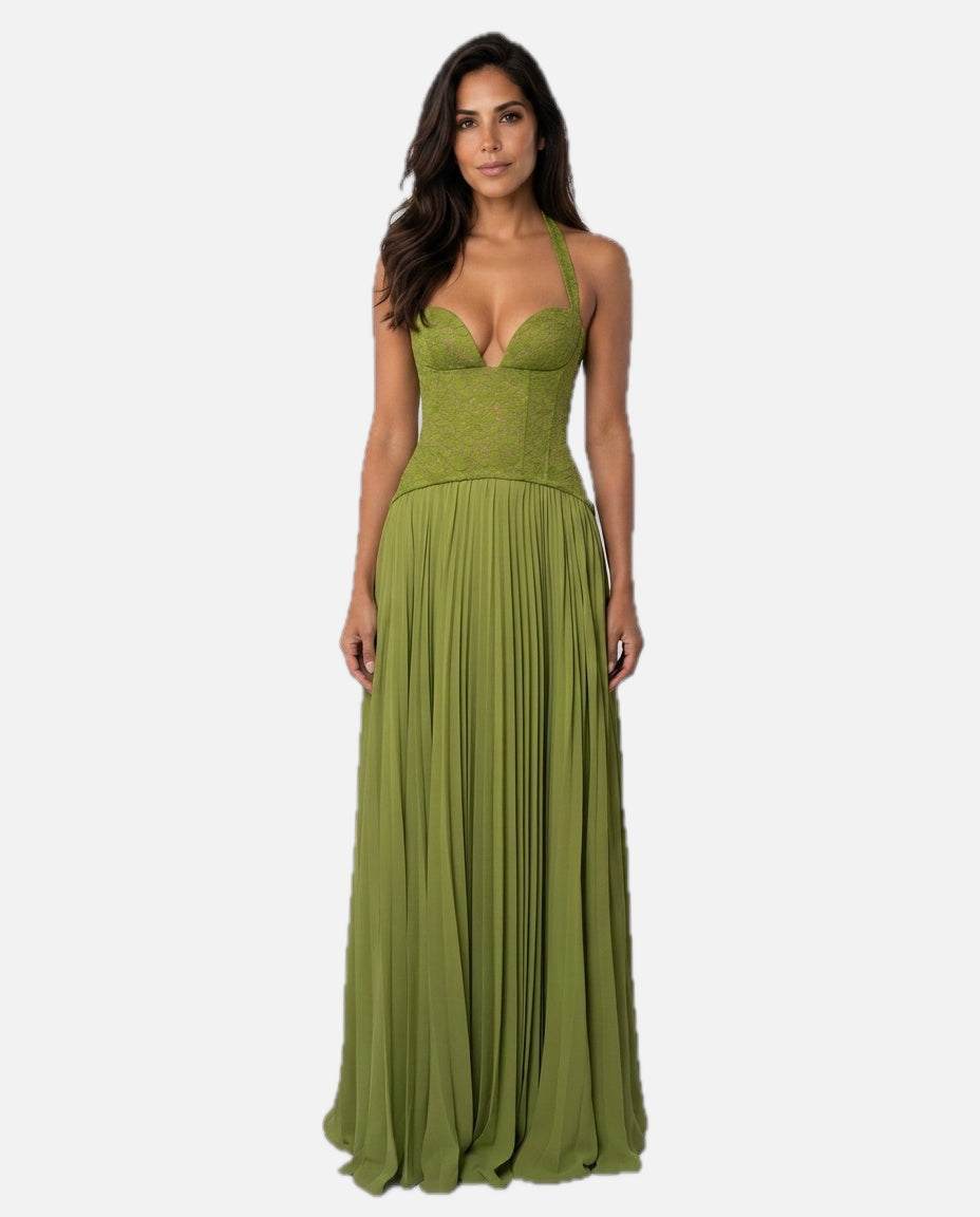 Sweetheart Lace Chiffon Pleated Maxi Dress – Women's Wedding Guest Maxi Dress