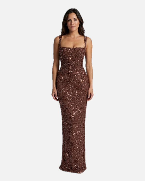 Sequin Tie-Up Square Neck Maxi Dress – Women's Wedding Guest Maxi Dress