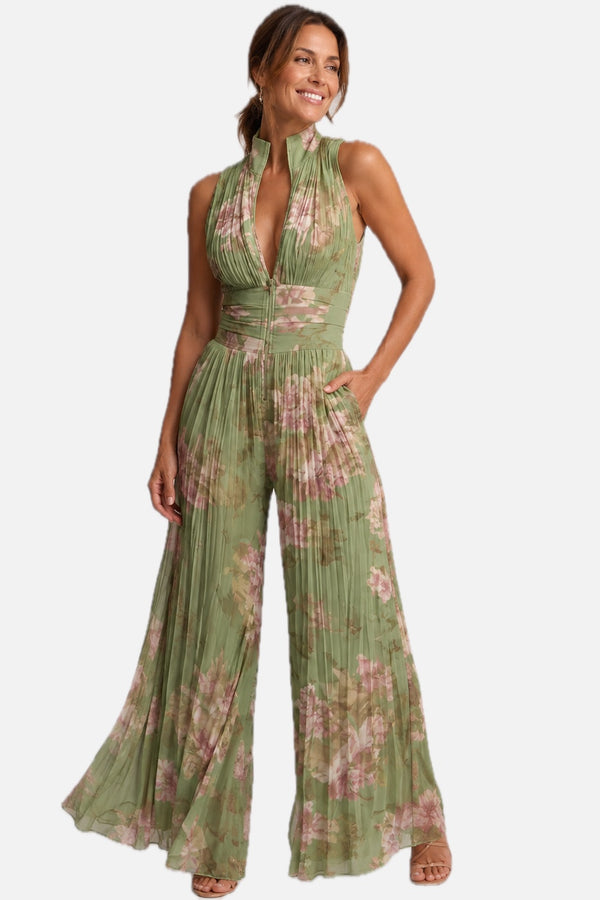 Green Floral Pleated Wide Leg Jumpsuit – Women's Wedding Guest Jumpsuit