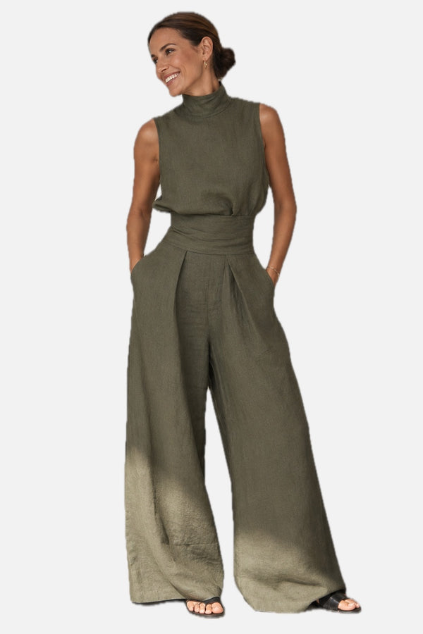 Olive Green Linen-Look Wide Leg Jumpsuit – Women's High Neck Summer Jumpsuit