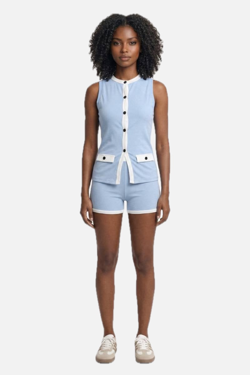 Sleeveless Button Vest & Shorts Set – Women's Contrast Trim Two-Piece
