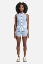 Sleeveless Button Vest & Shorts Set – Women's Contrast Trim Two-Piece