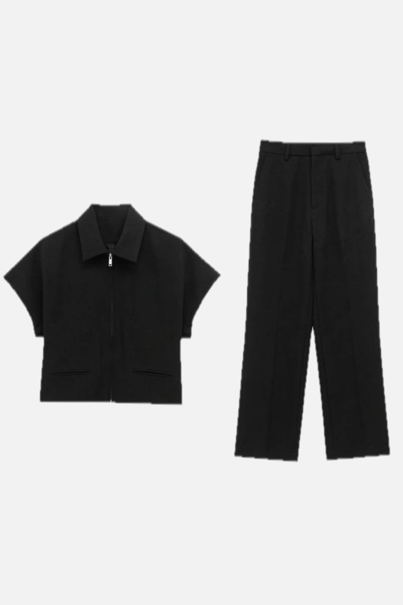 Cropped Zip Jacket & Wide Leg Trousers Set – Women's Two-Piece Suit Co-ord