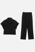 Cropped Zip Jacket & Wide Leg Trousers Set – Women's Two-Piece Suit Co-ord