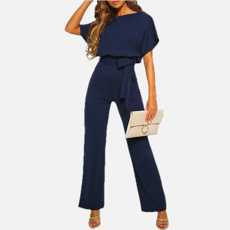 Navy Belted Wide Leg Jumpsuit – Women's Elegant Short Sleeve Jumpsuit