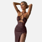 Halterneck Maxi Dress with Cut-Out & Split – Women's Y2K Party Dress