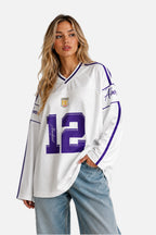 White Long Sleeve Football Jersey Top – Women's Oversized Varsity Print Top