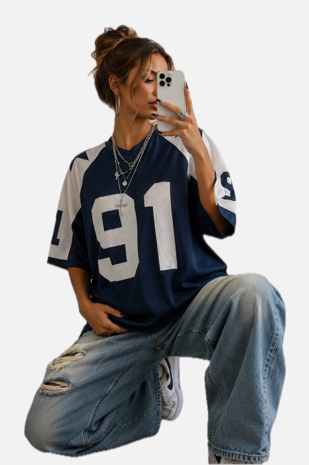 Navy Oversized Football Jersey Top – Women's Varsity Number Print T-Shirt
