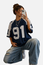Navy Oversized Football Jersey Top – Women's Varsity Number Print T-Shirt