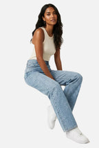 Straight Leg High Waist Jeans with Glitter Detail – Women's Sparkle Denim