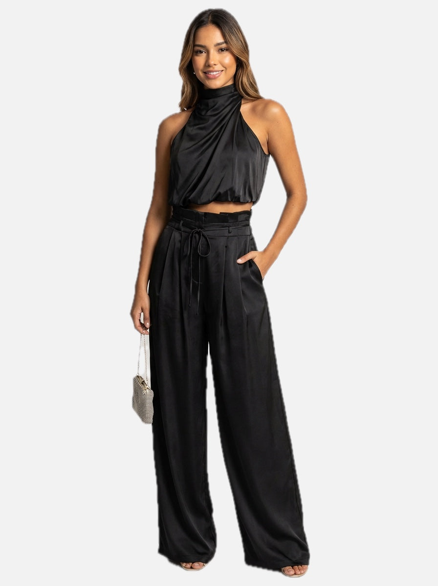 Satin Halterneck Top & Wide Leg Trousers Set – Women's Evening Co-ord