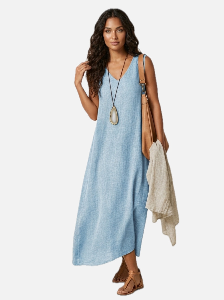 Linen-Look Maxi Dress – Women's Sleeveless V-Neck Summer Dress