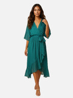 Green Wrap Midi Dress with Belt – Women's Kimono Sleeve Wedding Guest Dress