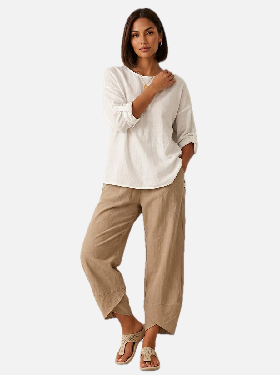 Khaki Barrel Leg Trousers – Women's Relaxed Cropped Linen-Blend Trousers