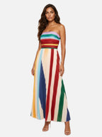 Rainbow Stripe Pleated Maxi Dress – Women's Strapless Summer Occasion Dress