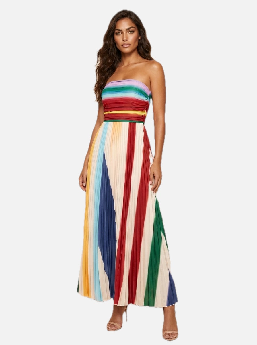 Rainbow Stripe Pleated Maxi Dress – Women's Strapless Summer Occasion Dress