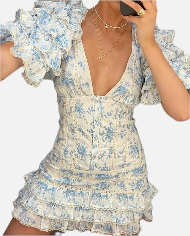Blue Floral Ruffle Mini Dress – Women's Summer Mini Dress