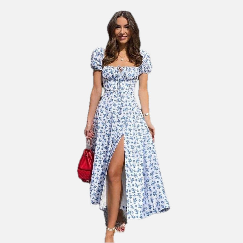 Blue Puff Sleeve Floral Midi Dress – Women's Summer Midi Dress